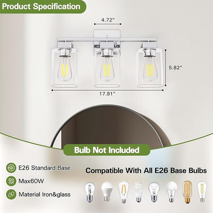 Espird Chrome Bathroom Vanity Light - 3 Light Bathroom Light Fixture Square Design & UL Certification, Bath Room Lighting Fixtures Over Mirror, Modern Vanity Lighting Fixture for Living Room