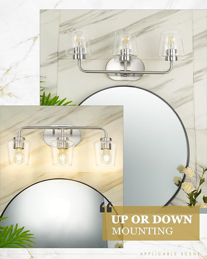 Bathroom Light Fixtures, 3-Light Brushed Nickel Vanity Lights Over Mirror with Clear Glass, Modern Vanity Lighting Fixtures, AD-22004-3W-SN-C