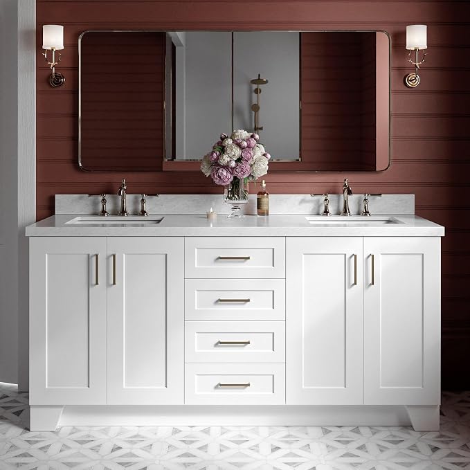 ARIEL 73" White Double Vanity, 1.5" Edge Italian Carrara Marble Countertop & Splash, Rectangular Sink, 4 Soft Closing Doors, 6 Full Extension Dovetail Drawers, Toe Kick, Satin Brass