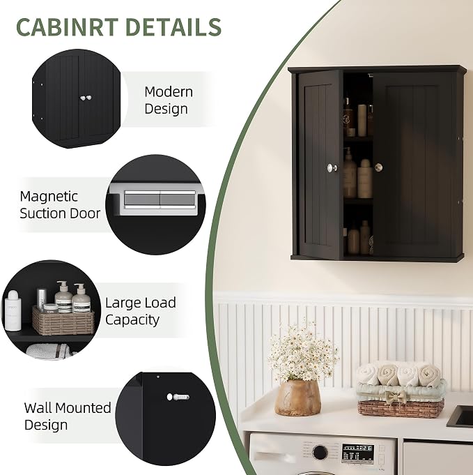 Bathroom Wall Cabinet, Bathroom Cabinet Wall Mount, Over Toilet Space Saver Storage Cabinet, Wood Medicine Cabinets, Black