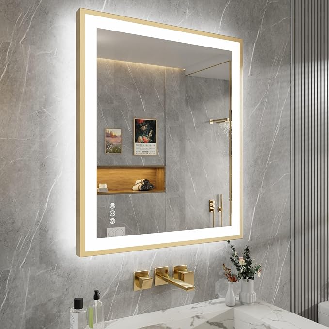 30x36 Inch LED Bathroom Mirror with Gold Frame | Gold Metal Frame, Front and Backlit, 3 Colors, Dimmable, Memory, Anti Fog, Tempered Glass, Lighted Mirror for Wall
