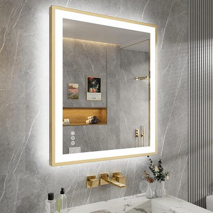30x36 Inch LED Bathroom Mirror with Gold Frame | Gold Metal Frame, Front and Backlit, 3 Colors, Dimmable, Memory, Anti Fog, Tempered Glass, Lighted Mirror for Wall