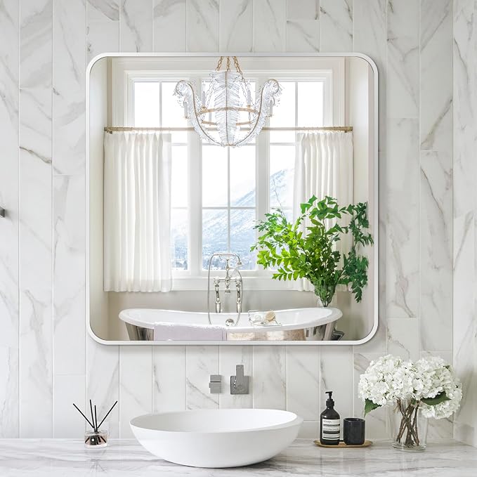 Bathroom Vanity Mirror, Silver Framed Mirror for Over Sink, 30x30 | HD glass, distortion-free for makeup and grooming, Sturdy frame, all mounting hardware, hangs horizontal or vertical