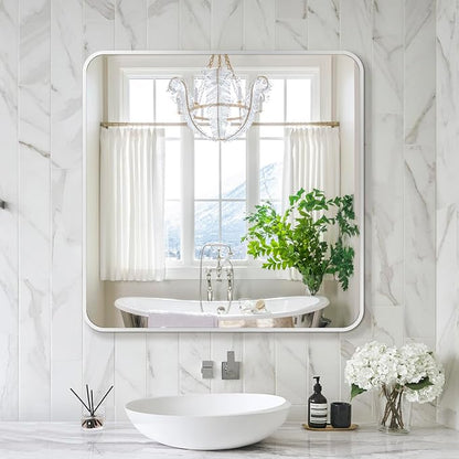 Bathroom Vanity Mirror, Silver Framed Mirror for Over Sink, 30x30 | HD glass, distortion-free for makeup and grooming, Sturdy frame, all mounting hardware, hangs horizontal or vertical