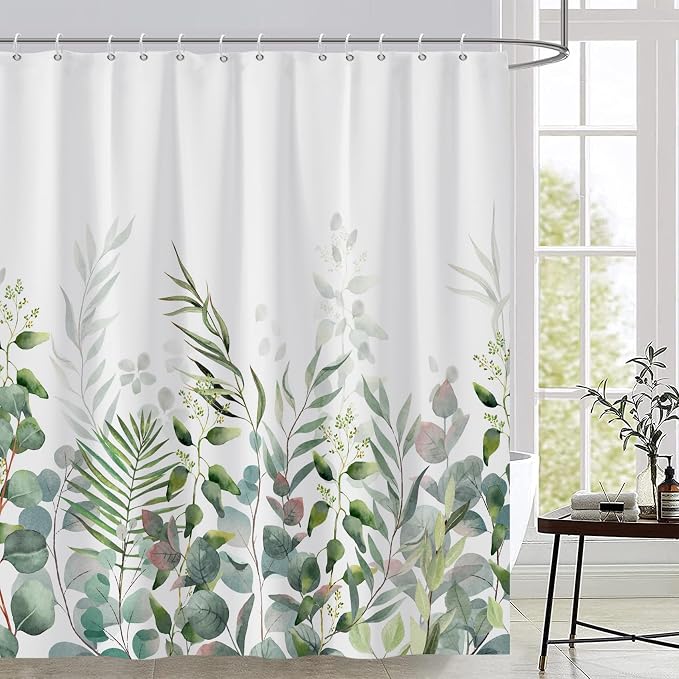 AWERT Shower Curtain Plants for Bathroom,Waterproof Quick-Drying Green Leaves Shower Curtain Set with Hooks 60x72 Inch