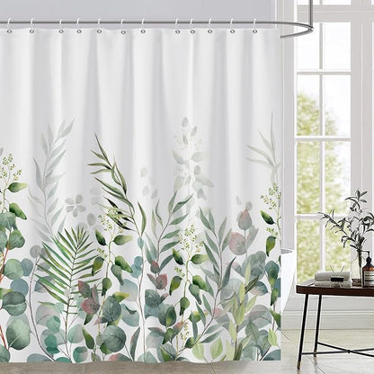 AWERT Shower Curtain Plants for Bathroom,Waterproof Quick-Drying Green Leaves Shower Curtain Set with Hooks 60x72 Inch