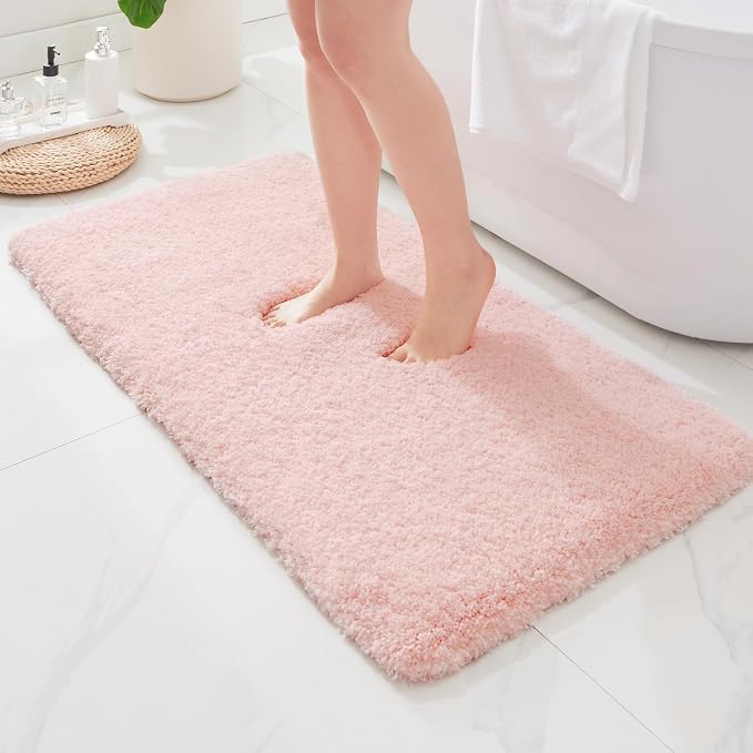 ILANGO Pink Bathroom Rugs 60" × 24" Non Slip & Super Absorbent Extra Thick Soft, Washable Bath Carpet Runner for Floor, Microfiber Plush Shaggy Bath Mats with Rubber for Bathtub Shower Room