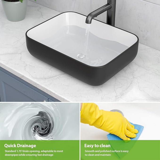 20x15 inch Rectangular Vessel Sink Above Counter Bathroom Sink | Black and White Bathroom Vessel Sink Above Counter Ceramic Porcelain Bathroom Vanity Sink Art Basin