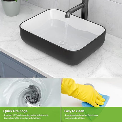 20x15 inch Rectangular Vessel Sink Above Counter Bathroom Sink | Black and White Bathroom Vessel Sink Above Counter Ceramic Porcelain Bathroom Vanity Sink Art Basin