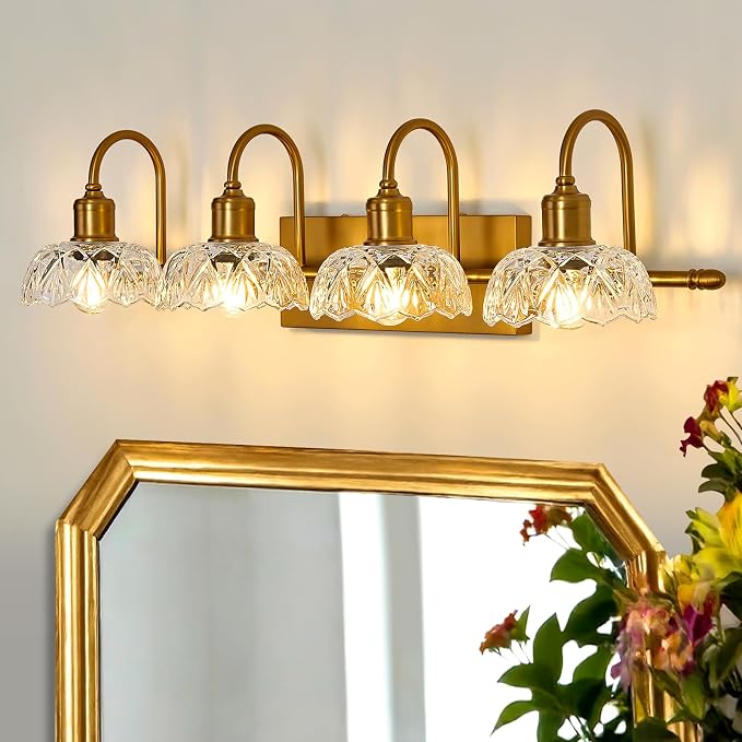 UOFUS 4-Light Gold Vanity Light Vintage Bathroom Lighting Fixtures | Over Mirror with Clear Glass Shade
