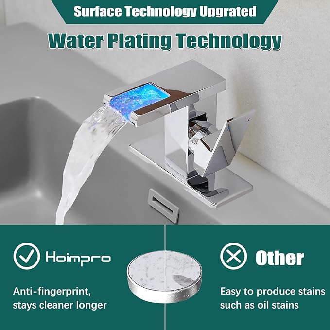 Hoimpro LED Waterfall Bathroom Faucet Polished Chrome, Single Handle Bathroom Sink Faucet 1 Hole, 3 Colors Light Changing, with Pop-up Drain and cUPC Supply Lines, Stainless Steel