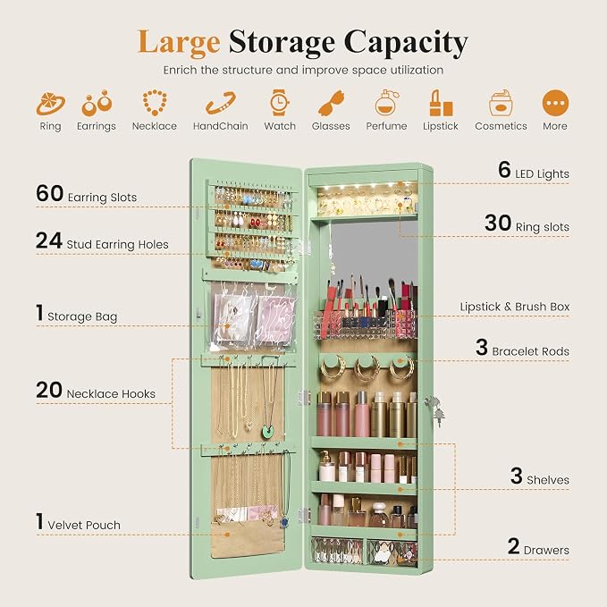 LVSOMT Over the Door Jewelry Organizer with Mirror Door Mirror with Storage | Jewelry Mirror Cabinet with Large Capacity, 6 LED Lights,Velvet Lining, Space-Saving for Bedroom, Cloakroom, Gift Women Girls