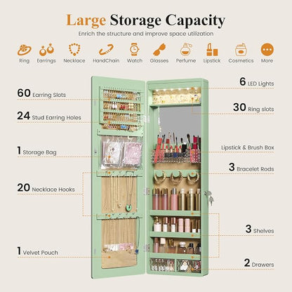LVSOMT Over the Door Jewelry Organizer with Mirror Door Mirror with Storage | Jewelry Mirror Cabinet with Large Capacity, 6 LED Lights,Velvet Lining, Space-Saving for Bedroom, Cloakroom, Gift Women Girls