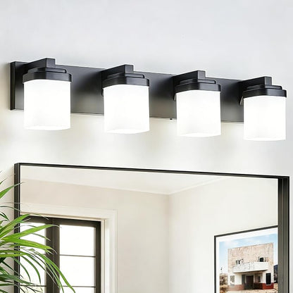 Bathroom Vanity Lights, Modern Bathroom Light Fixtures Over Mirror | 4-light black light fixture bathroom with milky white square glass shade, 29" farmhouse lighting fixtures lights for wall