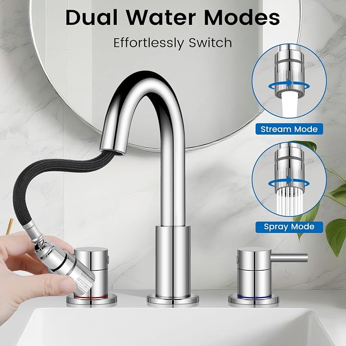 Pull-Down Bathroom Faucet 3 Hole 8 Inch with Pop-Up Drain,Chrome | 360° Swivel Spoutr & Dual Modes,8" Widespread 2-Handle, Pop-Up Drain & 10-Min Install for 3-Hole Bathroom Sink Faucets.