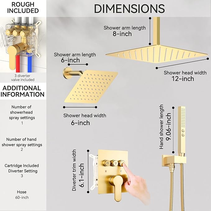 Brushed Gold Shower System, STARBATH Ceiling Mounted 12+6 Inch Rainfall Shower Head with 2 in 1 High Pressure Handhled, Can Use All at Once, Push Button Diverter Thermostatic Valve with Trim Kit