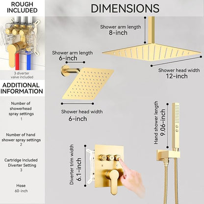 Brushed Gold Shower System, STARBATH Ceiling Mounted 12+6 Inch Rainfall Shower Head with 2 in 1 High Pressure Handhled, Can Use All at Once, Push Button Diverter Thermostatic Valve with Trim Kit