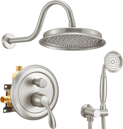 DASAN Rain Shower System Complete Antique Shower Faucet Sets, Shower Fixtures Combo with Pressure Balance Valve, Trim Kit, 9’’ Rainfall Overhead Shower & Handheld, Color Brushed Nickel AT209C-BN