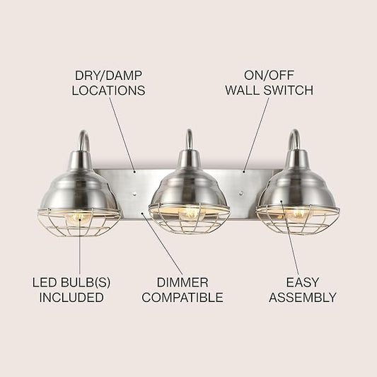 JONATHAN Y 24.5" Nickel 3-Light Industrial Farmhouse Vanity Light for Bathroom Mirror, Rustic Metal Wall Sconce Fixture, Iron Caged Shade, LED Bulbs Included (JYL1120B)