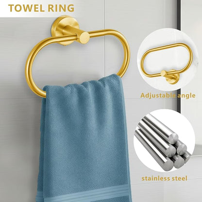 Bathroom Hardware Set Includes Towel Ring, Toilet Paper Holder and 2 Towel Hooks, SUS304 Stainless Steel Modern Wall-Mounted Bathroom Set, Rustproof Bathroom Fitting Set (Brushed Gold)