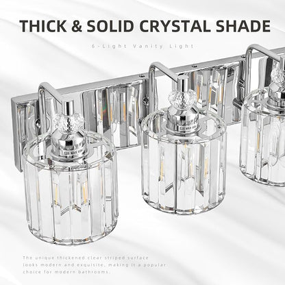6-Light Modern Bathroom Light Fixture Chrome Bathroom Vanity Lights Over Mirror Wall Sconce Lighting with K9 Crystal Shades E26 Base for Bedroom, Living Room, Hallway Wall Lamp