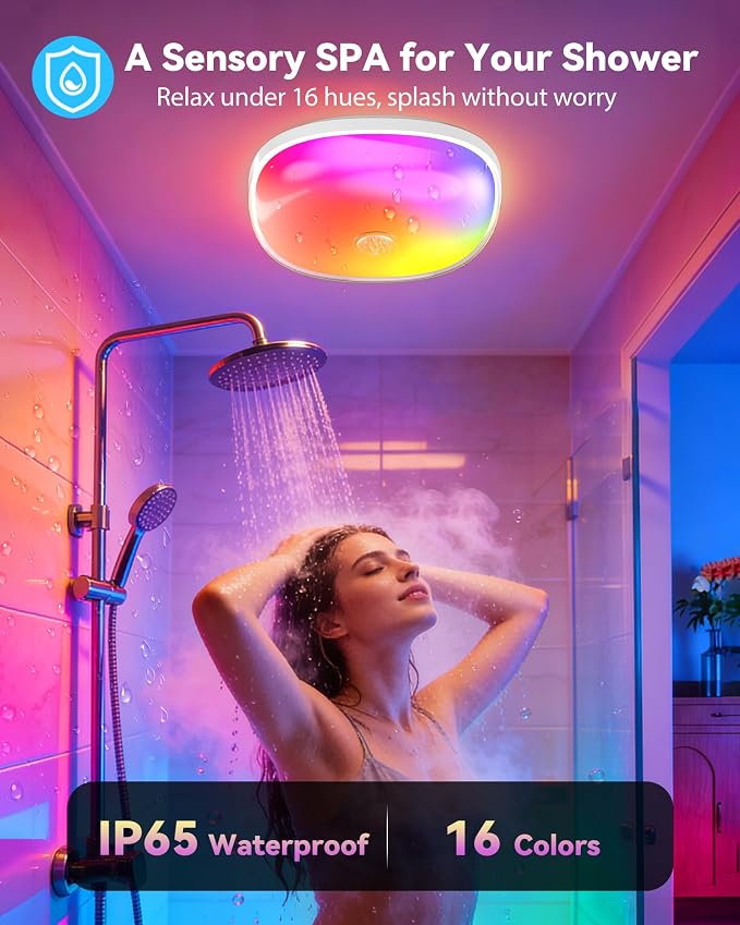 2Pack IP65 Waterproof Rechargeable Shower Light - 6″ 300LM Bright, 16 Color | Bathroom Mood Lighting with Touch & Remote, Magnetic Wireless Ceiling/Wall Light for Inside Shower/Bathtub
