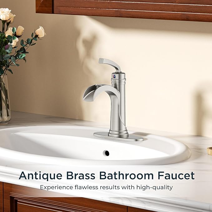 FORIOUS Brushed Nickle Bathroom Faucet Single Handle One Hole Antique Waterfall Bathroom Faucet with Metal Pop Up Drain and Deck Plate for Lavatory Vanity Farmhouse RV