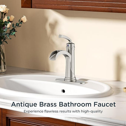FORIOUS Brushed Nickle Bathroom Faucet Single Handle One Hole Antique Waterfall Bathroom Faucet with Metal Pop Up Drain and Deck Plate for Lavatory Vanity Farmhouse RV