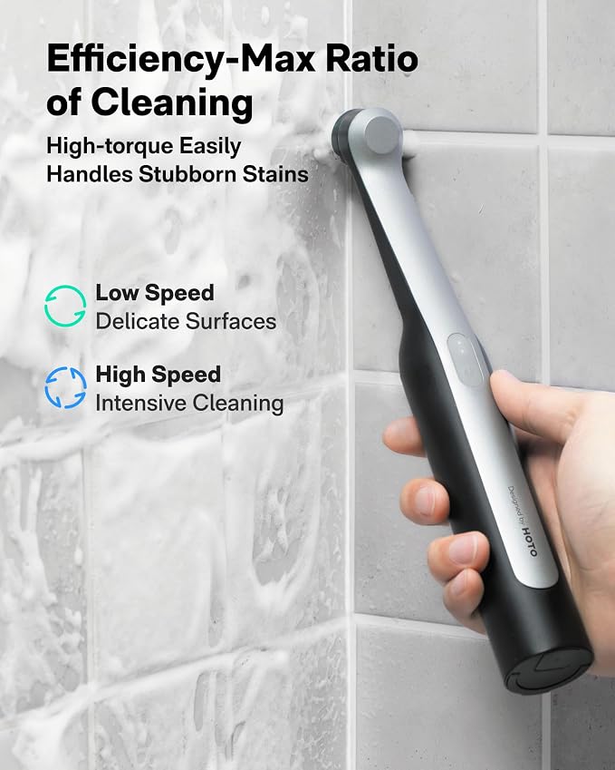 HOTO Wand™ Cordless Spin Scrubber, Electric Grout Brush, 12 Brush Heads | IPX7 Full Body Waterproof Bathroom Scrubber, Cleaning Brush for Grout, Tiles, Corners, Crevices