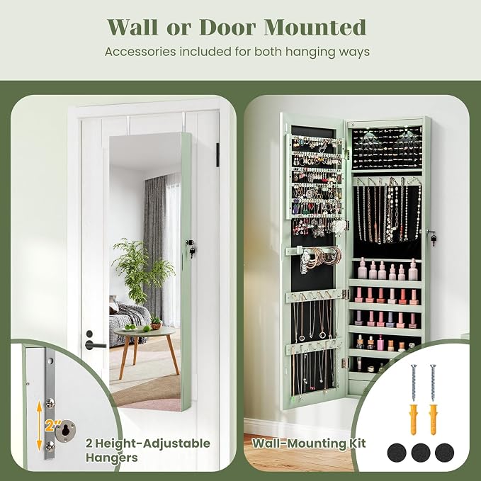 LDAILY Jewelry Armoire Wall or Door Mounted, Full-Length Mirror with Storage, Lockable Mirror Jewelry Cabinet w/ 2 Drawers, LED Lights, Over the Door Jewelry Organizer Box for Women Girls