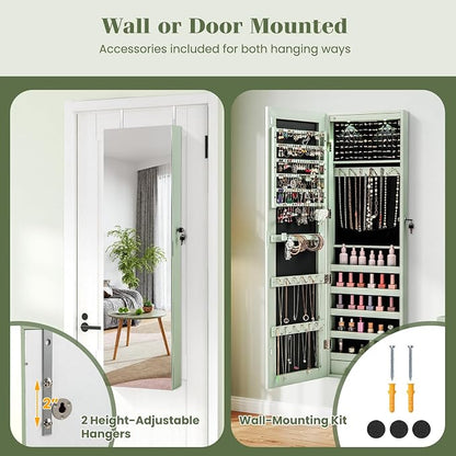 LDAILY Jewelry Armoire Wall or Door Mounted, Full-Length Mirror with Storage, Lockable Mirror Jewelry Cabinet w/ 2 Drawers, LED Lights, Over the Door Jewelry Organizer Box for Women Girls