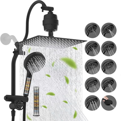 Hibbent 12" Dual Filtered 10" Rainfall Shower Head with Handheld 10-Spray | High Pressure Metal Matte Black Showerhead Combo with Filter, Extension Arm with 4-way Diverter, 71'' Shower Hose & Holder