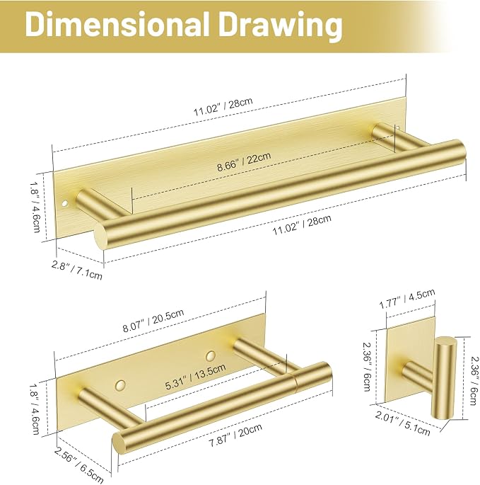 Lairuier Brushed Gold Bathroom Hardware Set, Adhesive or Screw Wall Mounted | Bathroom Accessories Set, Adhesive or Screw Wall Mount Toilet Paper Holder and Hand Towel Bar Holder, No Drill 2 Towel Hooks