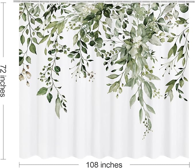 Olive Green Eucalyptus Shower Curtain, Floral Print, 108x72 | Watercolor Plant Leaves Floral Print, Extra Wide Waterproof Fabric Bathroom Decor, Machine Washable, Rustproof Grommets