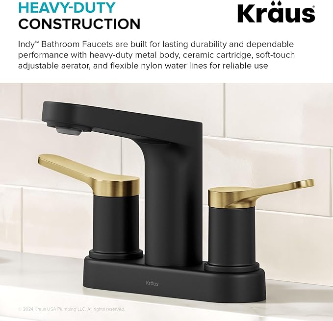 KRAUS Indy Centerset Bathroom Faucet in Spot-Free Brushed Brass/Matte Black with 2 Handles, Pop Up Drain and Supply Lines, FUS-14102SFBBMB