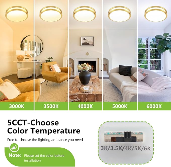 13inch LED Flush Mount Ceiling Light Fixture Dimmable Gold, Easy Install LED Ceiling Lamp Fixture Without Flicker, Super Bright 36W 3600LM 5CCT Warm to White Light 3000K to 6000K 2-Pack
