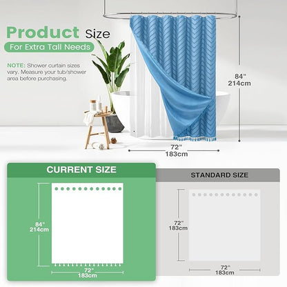 Dynamene Extra Long Shower Curtain and Liner Set - 84 inch Tall Shower Curtain and Waterproof Clear Liner, Tufted Chevron Striped Tassel Shower Curtains for Bathroom, 12 Hooks, 72x84, Moonlight Blue