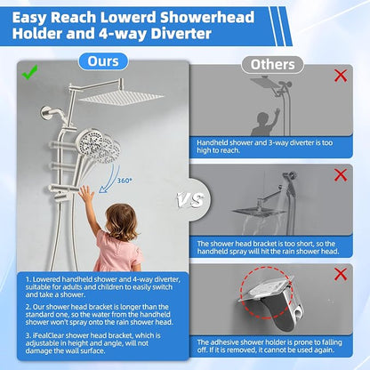 12" Metal Rain Shower Head with Handheld, 10-Mode with Filter, Easy Reach | Brushed Nickel, High-Pressure Rainfall Showerhead, 4-Way Diverter Pause Mode, Adjustable 16" Extension Arm/71" Hose/Holder