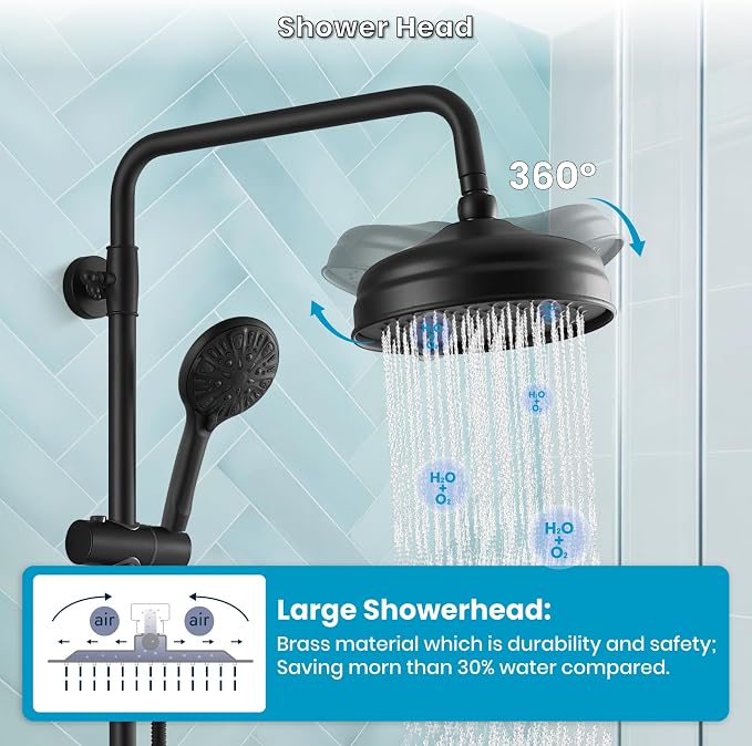 gotonovo Exposed Shower System Wall Mount,Matte Black,ABS Handheld | 8” Rain Shower Head Faucet Set Fixtures,2 Function,Two Cross Handle,Height Adjustable,for 5-6.7" Hole,Indoor Victorian Retro