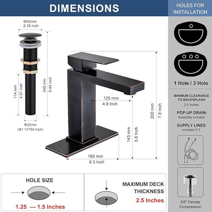 Oil Rubbed Bronze Bathroom Faucet, Single Hole Vanity Bath Faucet, Single Handle Modern Stainless Steel Bathroom Faucets for Sink 1 Hole with Pop Up Drain Stopper & Water Supply Hoses