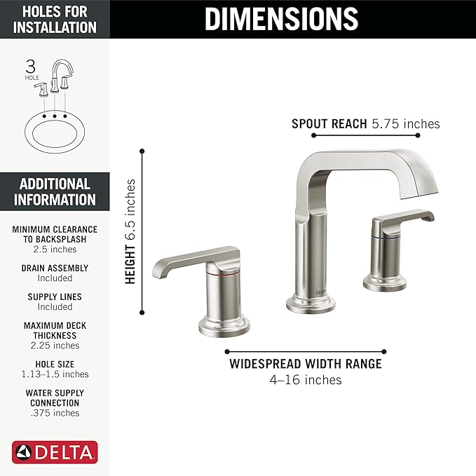 Delta Faucet Tetra Brushed Nickel Widespread Bathroom Faucet 3 Hole, Brushed Nickel Bathroom Faucet, Bathroom Sink Faucet, Diamond Seal Technology, Metal Drain, Lumicoat Stainless 35589-SS-PR-DST