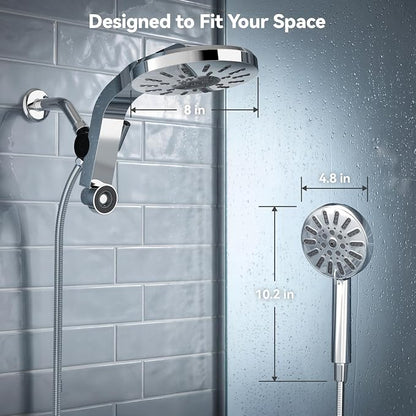INAVAMZ High Pressure Rain Shower Head Combo with Magnetic Handheld Silver | Dual Shower System with Rainfall Showerhead and 8-Spray Handheld, Magnetic Dock, Adjustable Angle, Power Jet for Cleaning