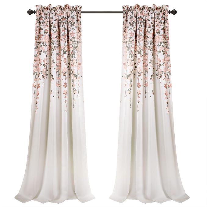 Lush Decor Weeping Flower Light Filtering Window Curtain Panels, Pair, 52"W x 95"L + 2" Header, Blush & Gray - Charming Modern Floral Curtains for Living Room, Dining Room, & Bedroom