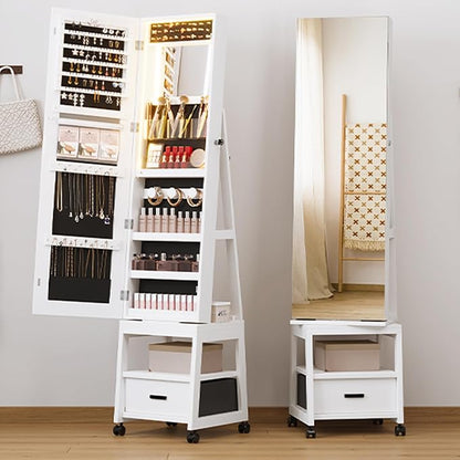 GAOMON 360° Swivel Jewelry Cabinet with LED Lights, Full-Length Mirror with Jewelry Storage, Standing Jewelry Organizer with Bottom Storage Drawer & Shelves, Lockable, Christmas Gifts, White