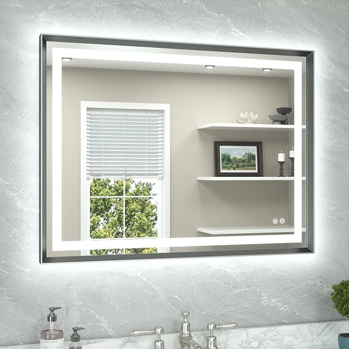 Led Bathroom Mirror 40 x 30 with Brushed Gunmetal Gray/Off‑Black Frame Anti-Fog Frontlit & Backlit Vanity Mirror Stepless Dimmable Lighted Mirrors for Bathroom Wall