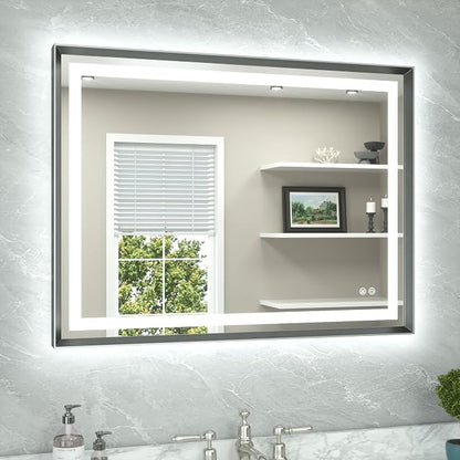 Led Bathroom Mirror 40 x 30 with Brushed Gunmetal Gray/Off‑Black Frame Anti-Fog Frontlit & Backlit Vanity Mirror Stepless Dimmable Lighted Mirrors for Bathroom Wall