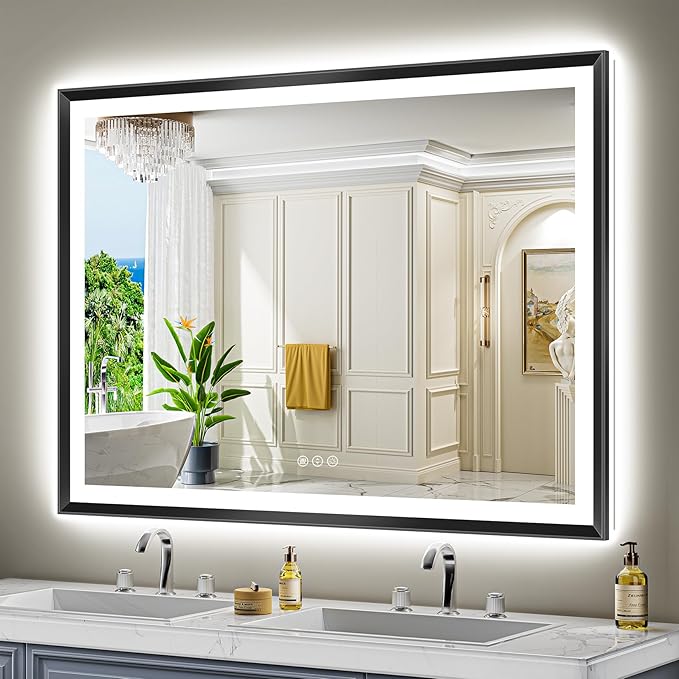 55x40 Black Framed LED Bathroom Mirror with Lights, Backlit and Front Light, Lighted Bathroom Vanity Mirror for Wall Dimmable Anti-Fog Memory Tempered Glass Horizontal/Vertical