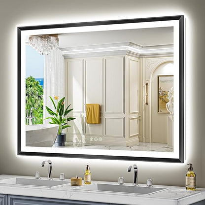 55x40 Black Framed LED Bathroom Mirror with Lights, Backlit and Front Light, Lighted Bathroom Vanity Mirror for Wall Dimmable Anti-Fog Memory Tempered Glass Horizontal/Vertical