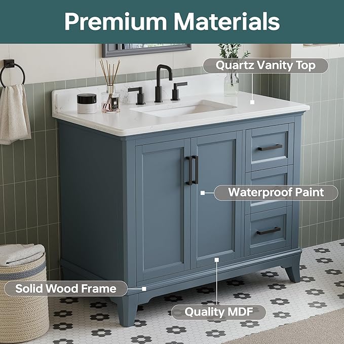 42 Inch Bathroom Vanity with Sink, Fully Assembled Solid Wood Frame Bathroom Vanities with 2 Soft Closing Doors, 3 Full Extension Dovetail Drawers, Quartz Top, Steel Blue