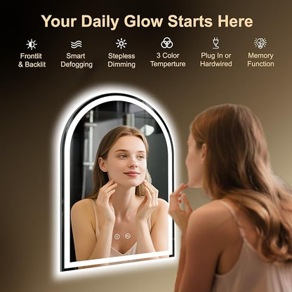 Arched LED Lighted Bathroom Mirror with Lights 20"x28"Smart Anti-Fog | Dimmable 3 Color Modes, Backlit and Front Lit, Memory Function, HD Tempered Glass,Touch Sensor